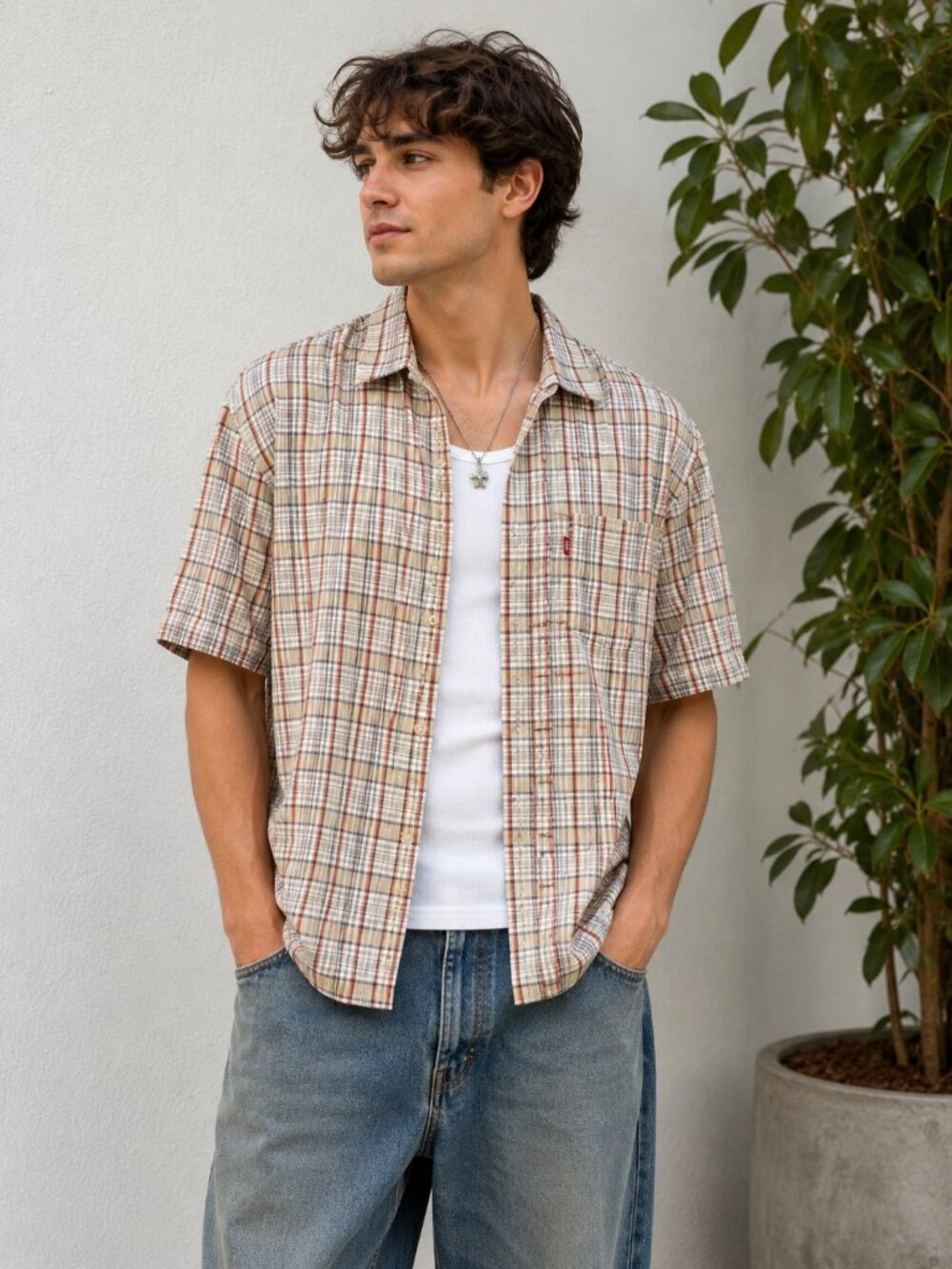 Levi's Red Tab Beige Brown Plaid Button Down Shirt Men's Medium Cotton Casual